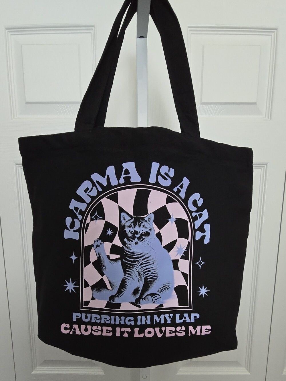 Karma Is A Cat Graphic Tote Bag - Black with Pastel Pink & Lavender Print
